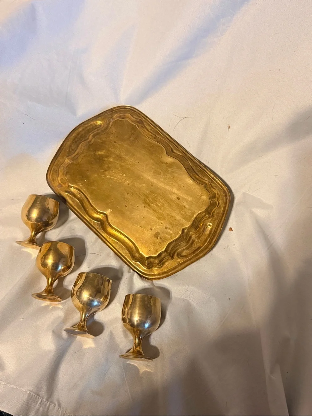 Vintage Brass Mini Goblet Set of 4 with Engraved Serving Tray Barware Decor